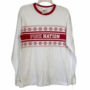 Pink Victoria's Secret Long Sleeve Shirt Holiday White Red Christmas Size Small
